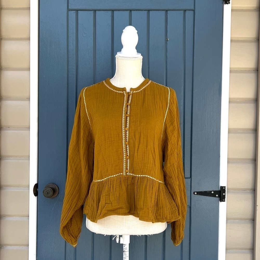 Madewell Embroidered-Trim Lightspun Covered-Button Top Women Size XS